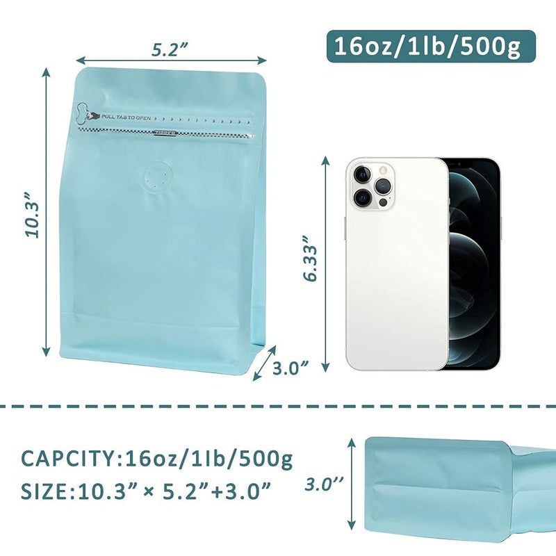 REMTAP Coffee Bags with Valve(50pcs,16oz) Tiffany Blue High Barrier Aluminumed Foil Flat Bottom Standing Coffee Beans Storage Bags,Reusable Heat Sealable Side Zipper Pouches for Home or Store - Image 2